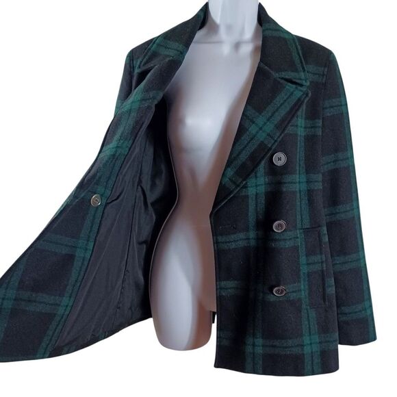 Old Navy Women’s Small Wool Blend Plaid Peacoat Green Black Double Breasted Coat - Picture 5 of 9